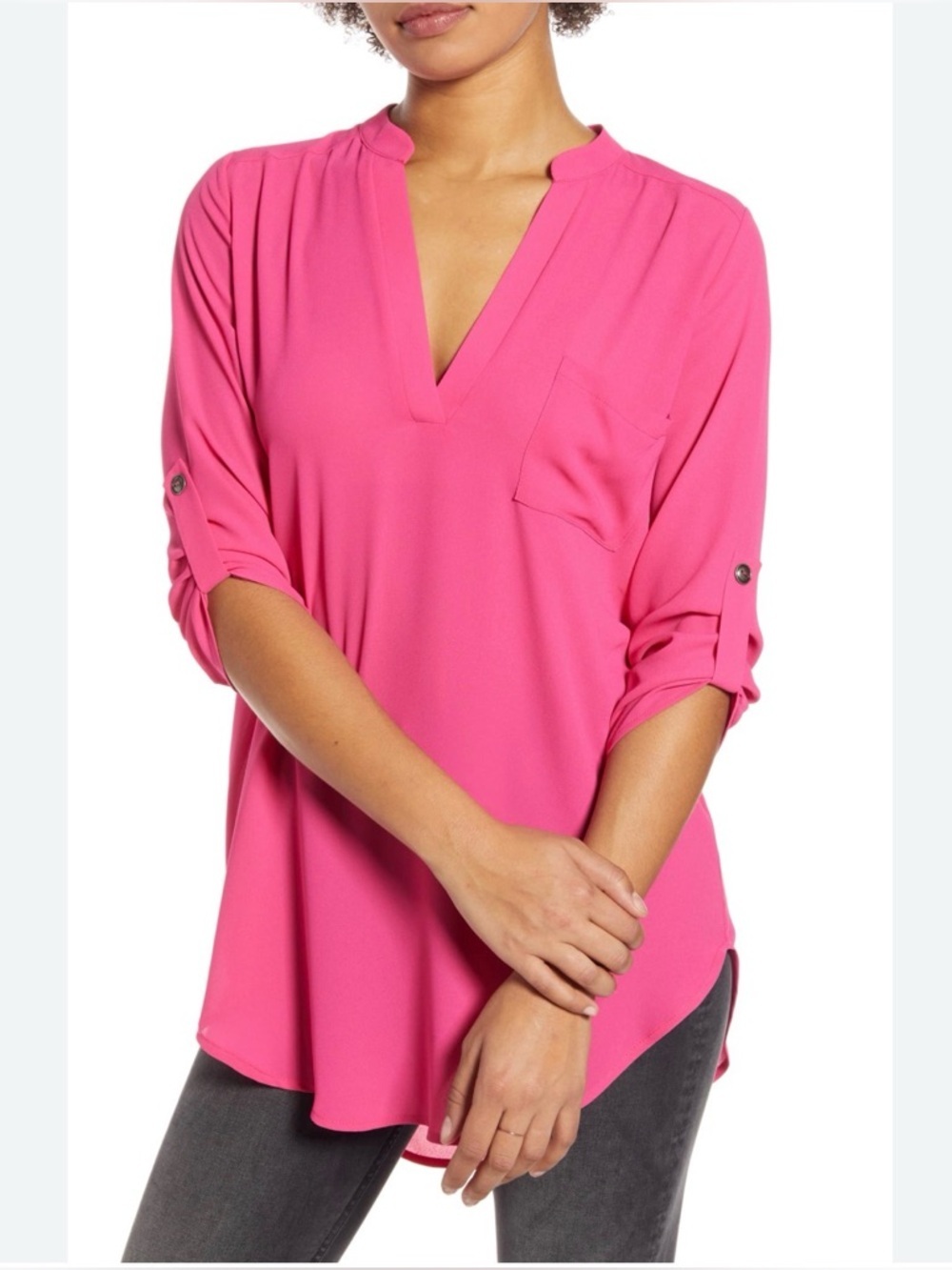 🆕 All in Favor Perfect Henley Split V-Neck Roll-Tab Sleeve Tunic, Fushia, Size L